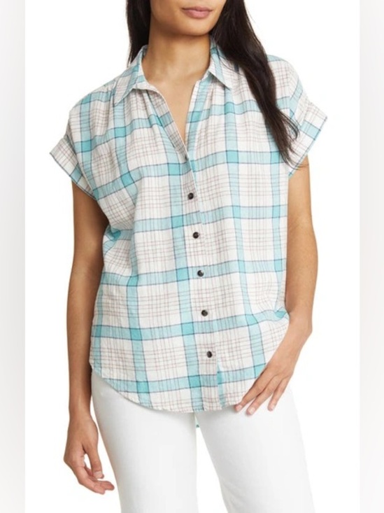 Caslon Tops - Caslon Light Teal and Off-White Plaid Short Sleeve Button Shirt - Size M